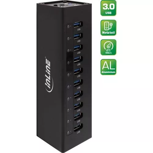 InLine® USB 3.0 Hub 10 Port Aluminiumgehäuse schwarz mit 4A Netzteil