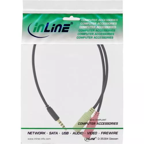 InLine® Audio Headset Adapterkabel 3,5mm Klinke Stecker 4pol. an 2x 3,5mm Klinke Buchse 0,25m