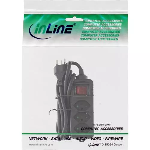 InLine® Steckdosenleiste SCHWEIZ 3-fach mit Schalter 1,5m schwarz