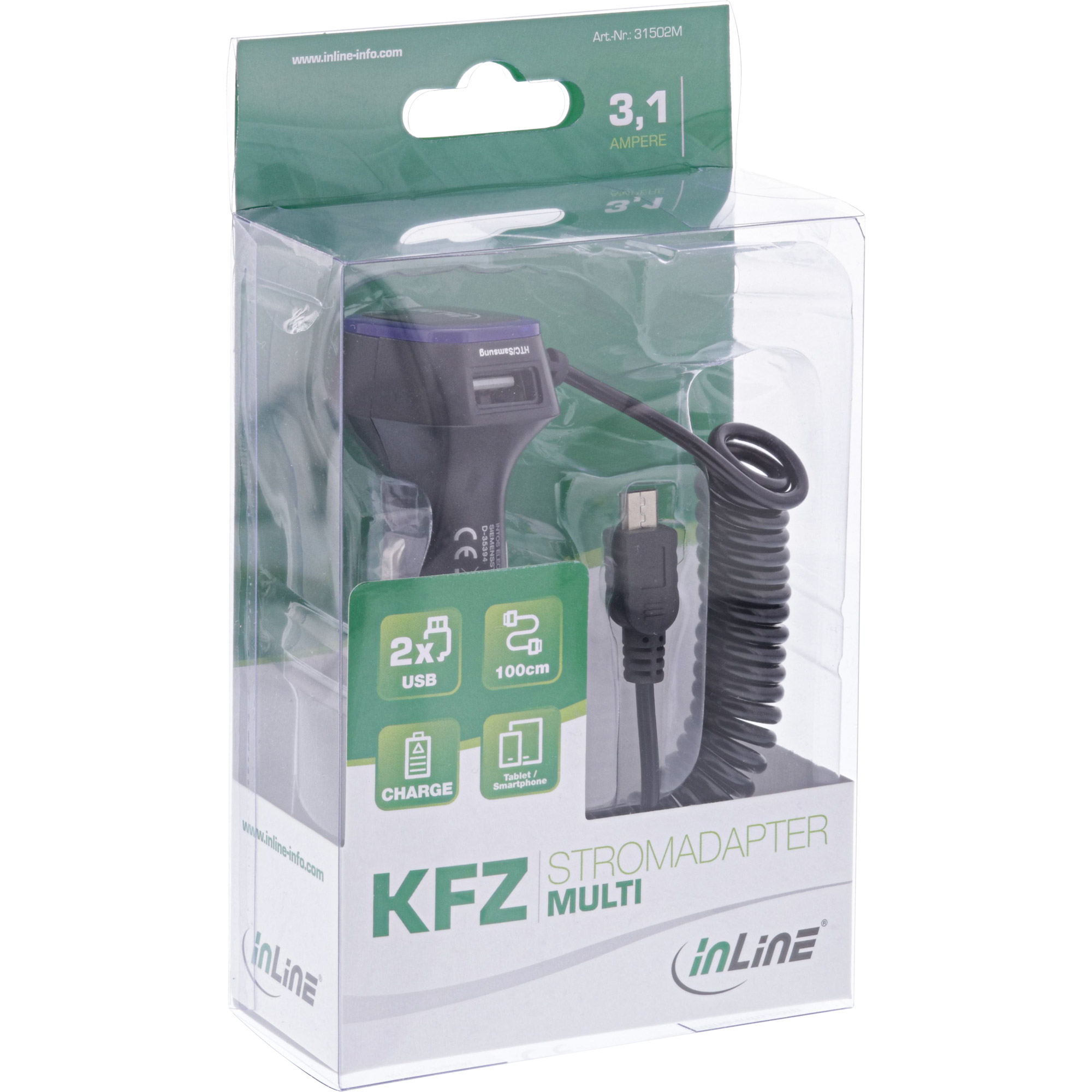 InLine® USB KFZ Ladegerät Stromadapter, 12/24VDC zu 5V DC/3,1A