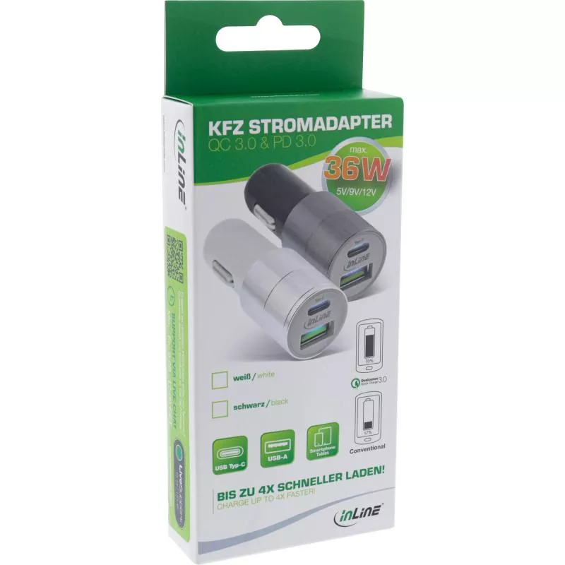 InLine® USB KFZ Ladegerät Stromadapter Quick Charge 3.0 12/24VDC zu 5V DC/3A USB-A + USB Typ-C weiß