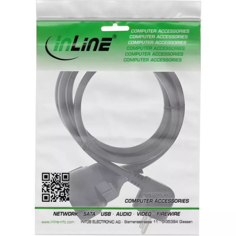 InLine® Strom-Verlängerung Schutzkontakt Stecker gewinkelt / Buchse, schwarz, 2m